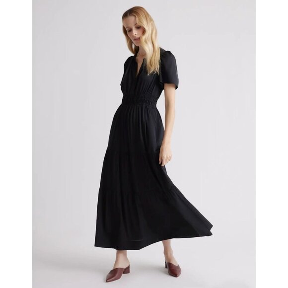Quince Washable Stretch Silk Tiered Maxi Dress Short Sleeve Black XL - Picture 3 of 15
